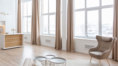 bright apartment with minimalist window treatments