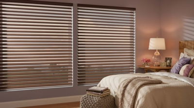 Sheer brown shades in bedroom