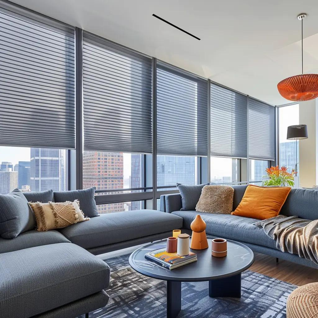 Contemporary Living Room with Floor-to-Ceiling Windows and Gray Honeycomb Shades