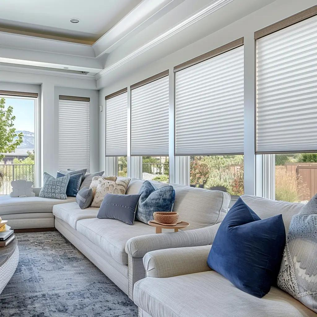 Bright Living Room with Floor-to-Ceiling Windows and White Honeycomb Shades