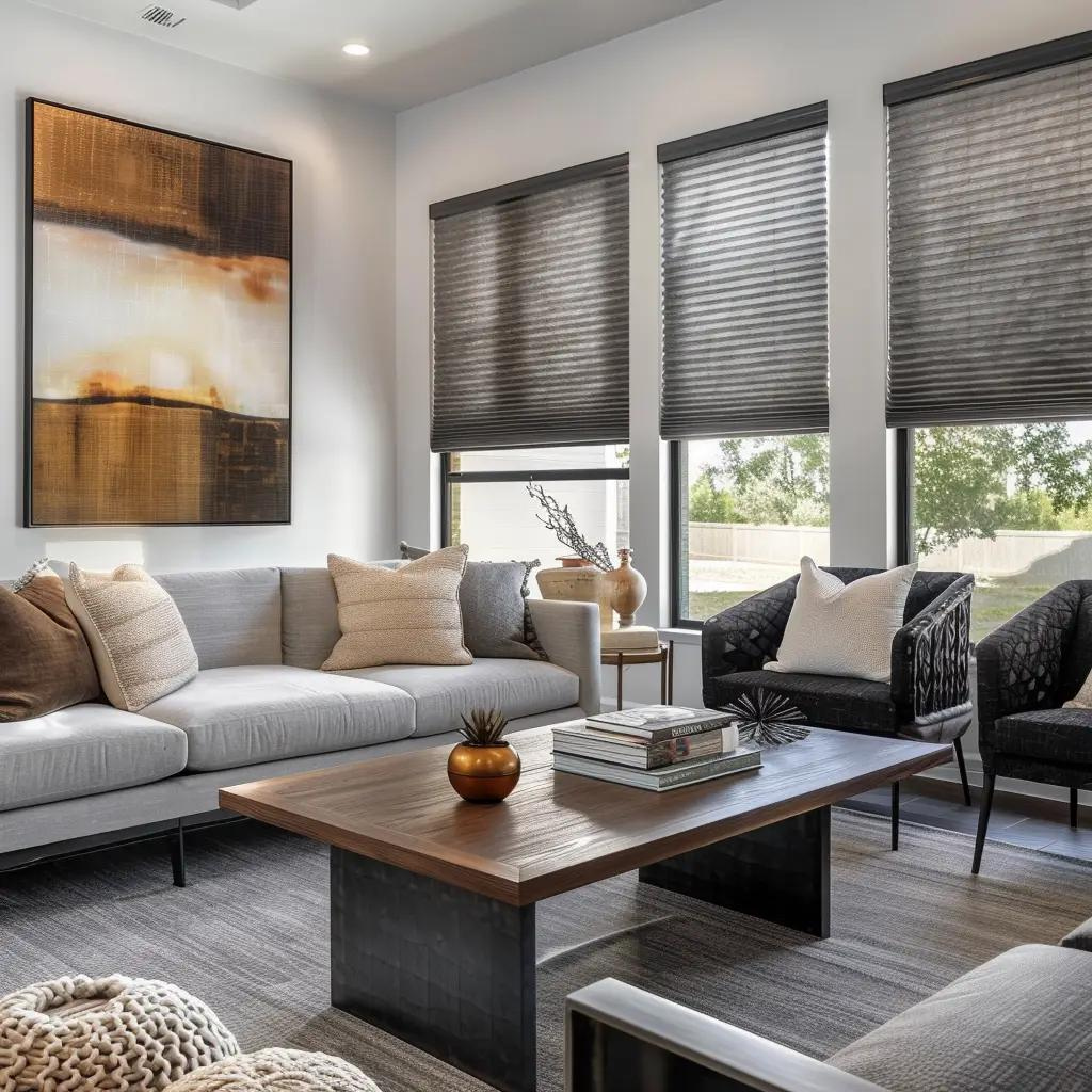 Modern Living Room with Dark Honeycomb Shades and Neutral Decor