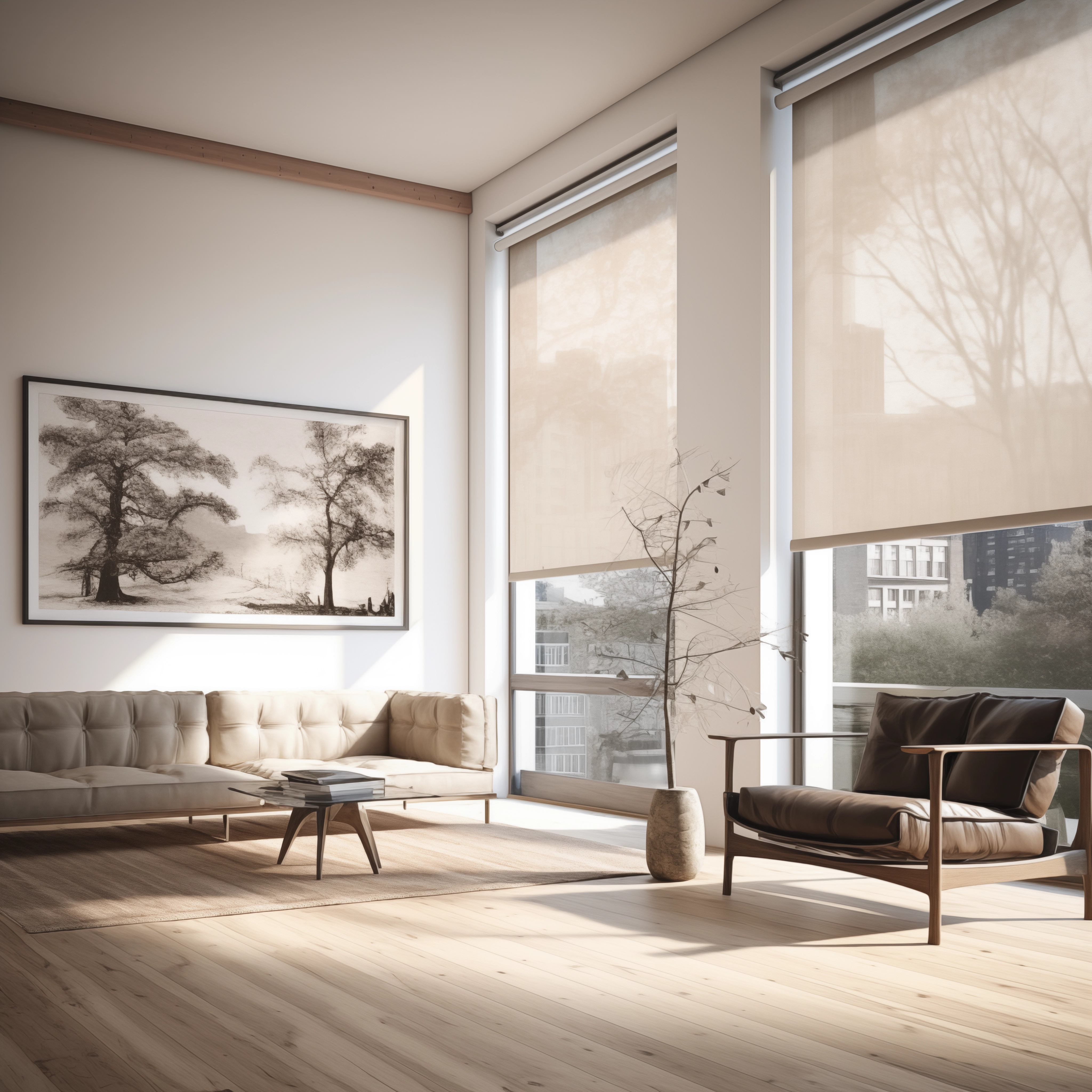 Modern Living Room with Minimalist Roller Shades and Elegant Decor