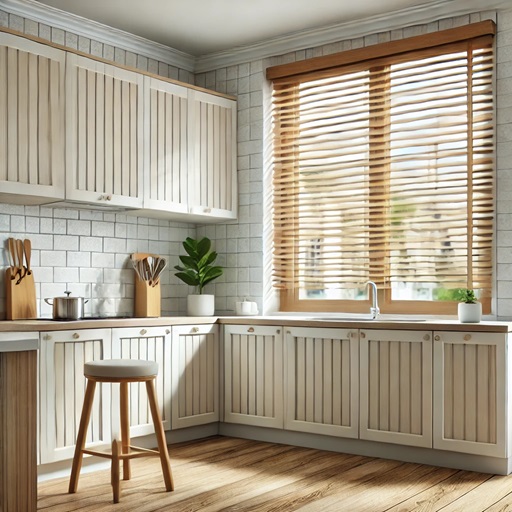 faux wood window blinds in a modern kitchen